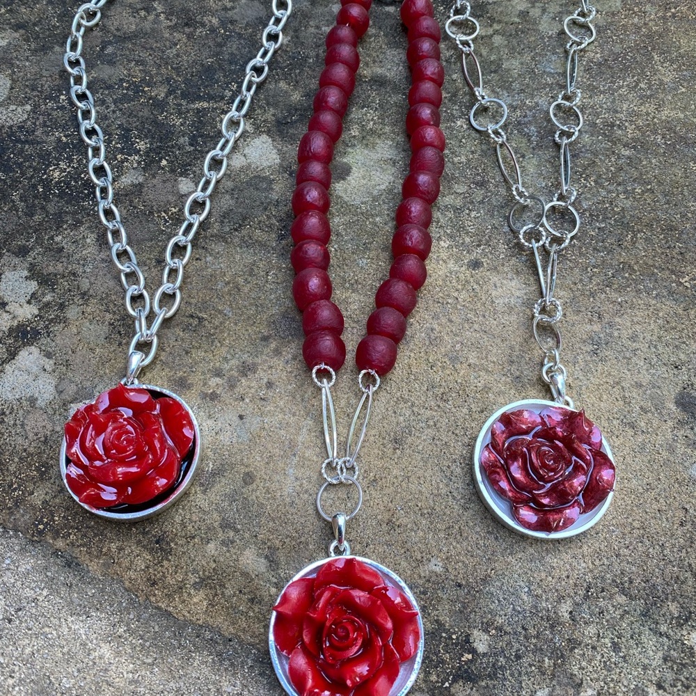 Elegant Red Rose Pendant Necklace with Recycled Glass Beads Silver - Picture 5 of 5